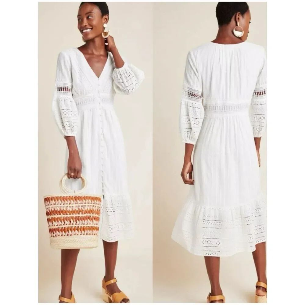 Anthropologie Ebba White Eyelet Midi Dress Size 0 - Picture 2 of 8